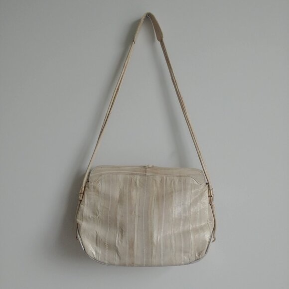 Vintage genuine eel skin cream ivory gold shoulder bag purse - Picture 4 of 16